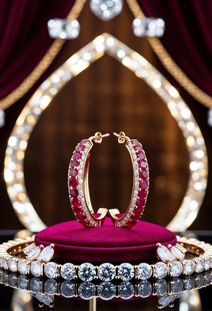 A pair of ruby hoop earrings displayed on a velvet cushion, surrounded by sparkling diamonds and set against a luxurious backdrop