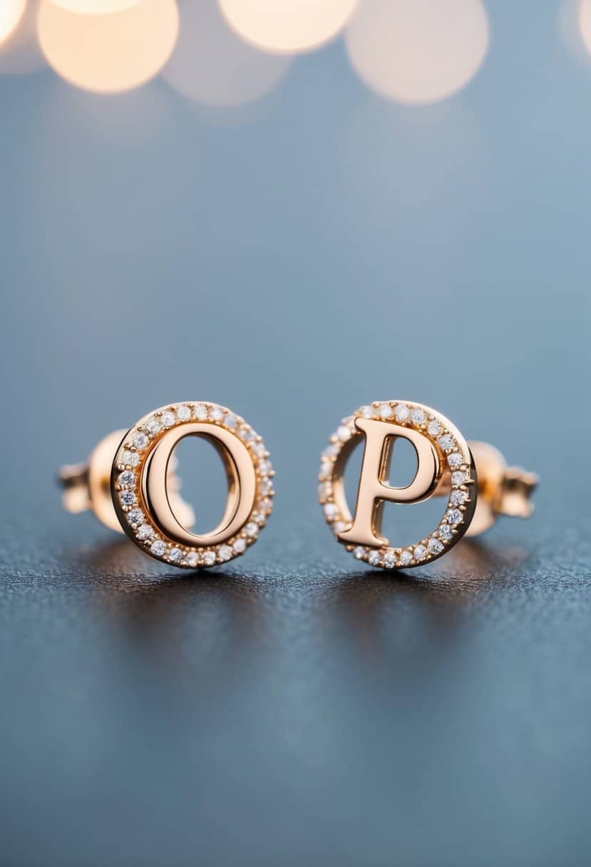 Two small, delicate earrings with the letters "O" and "P" intertwined in a whimsical design, surrounded by tiny sparkling gemstones