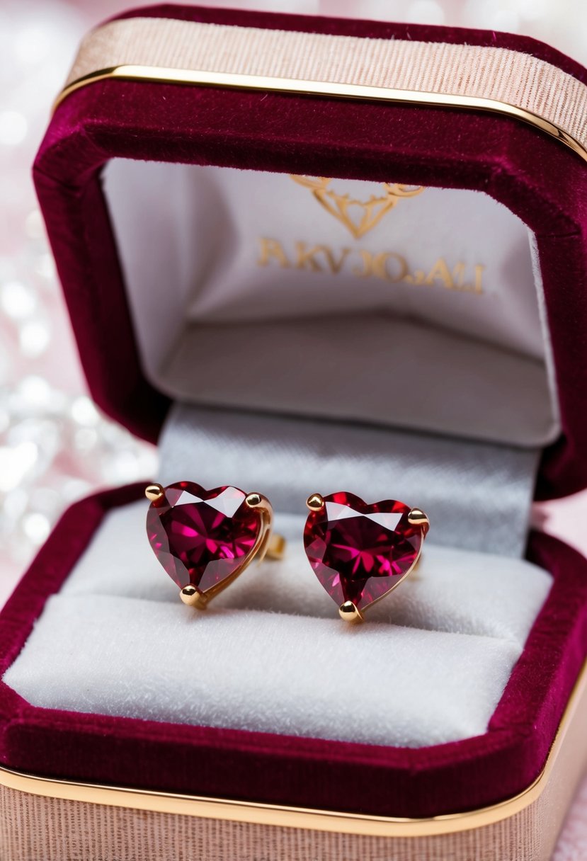 Two heart-shaped ruby studs on a velvet jewelry box