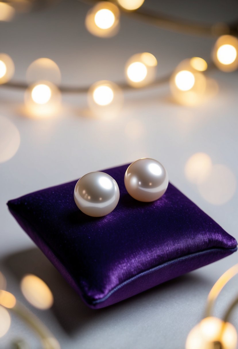 A pair of classic pearl studs placed on a velvet cushion, surrounded by soft, romantic lighting