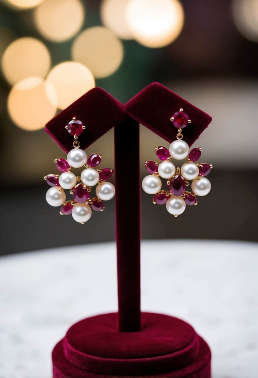 A pair of ruby and pearl cluster earrings displayed on a velvet jewelry stand