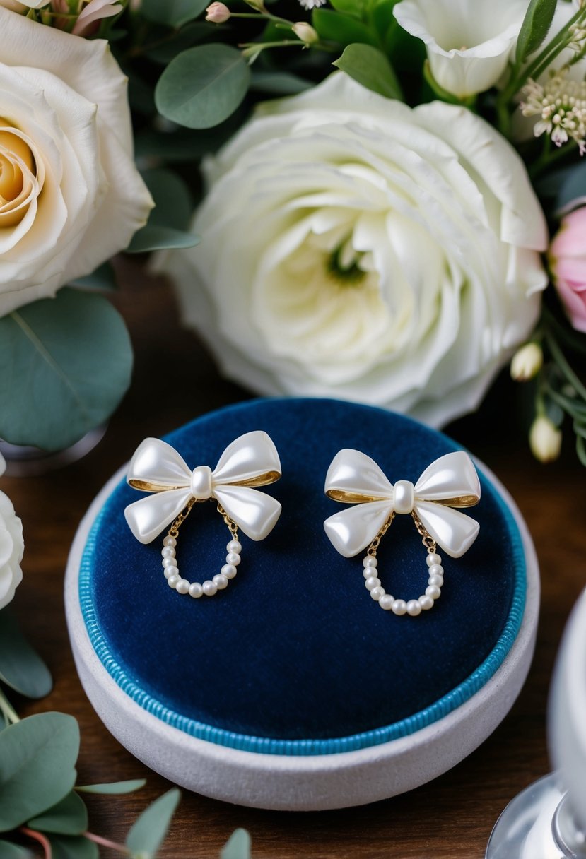 A pair of delicate pearl bow earrings displayed on a velvet cushion, surrounded by floral arrangements and wedding decor