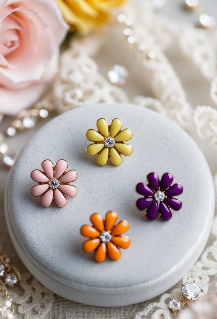 A group of colorful flower-shaped earrings displayed on a white velvet cushion, surrounded by delicate lace and sparkling gemstones