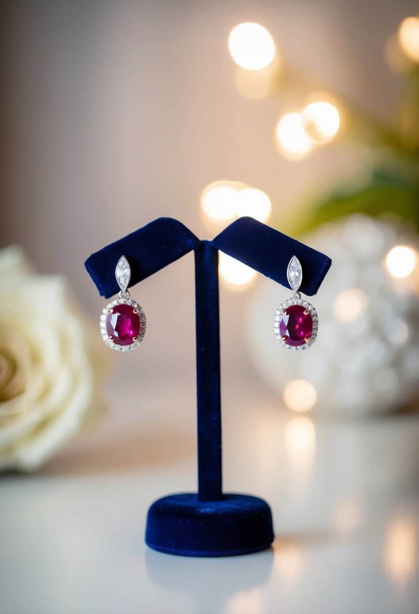 Two oval ruby leverback earrings displayed on a velvet jewelry stand, surrounded by soft lighting and a hint of elegant background