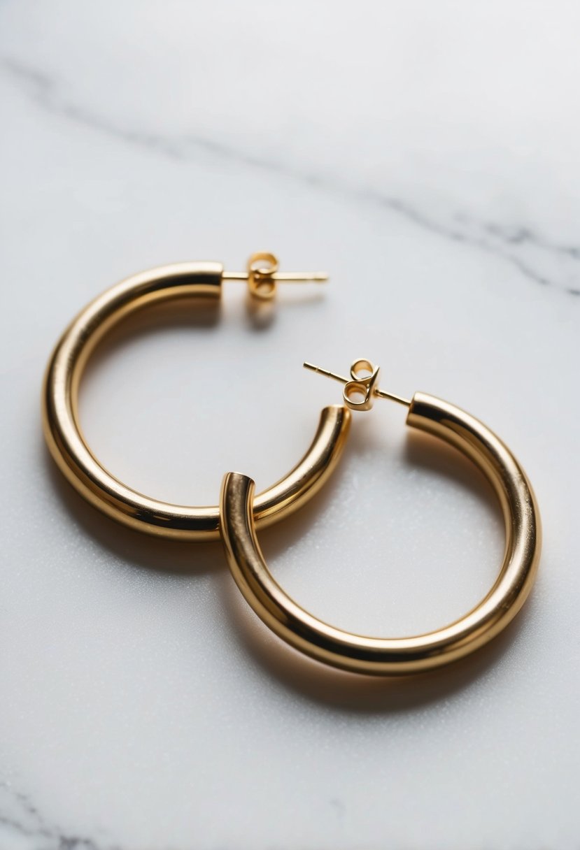 Two simple gold hoop earrings on a white marble surface