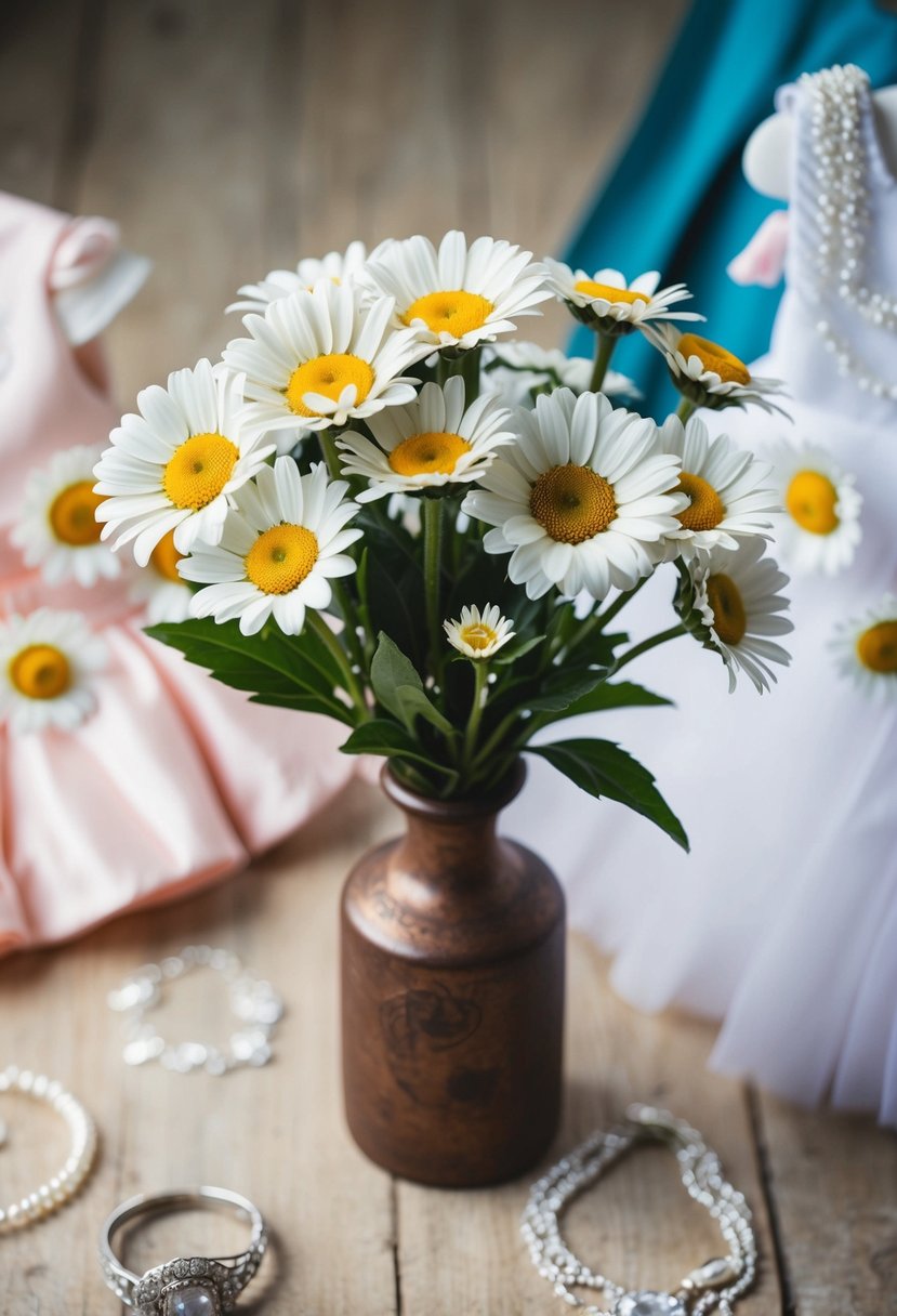 A small bouquet of daisies in a rustic vase, surrounded by children's wedding attire and delicate jewelry