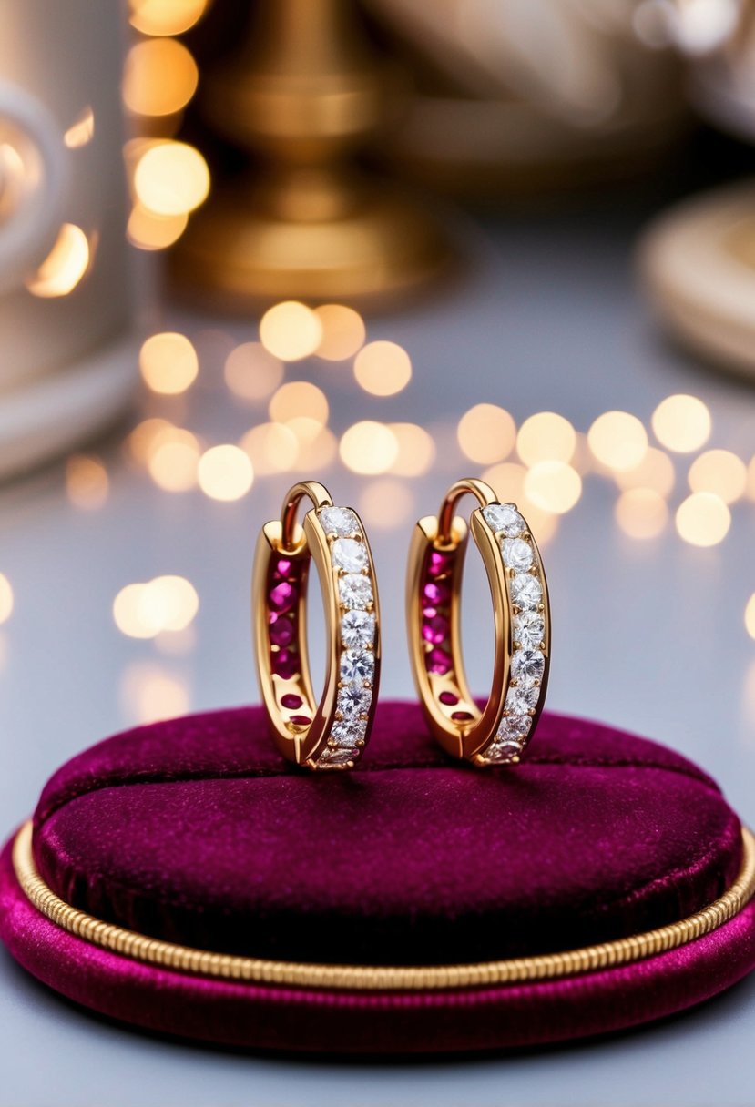 A pair of elegant ruby and diamond huggie earrings displayed on a velvet cushion, surrounded by soft lighting and luxurious decor