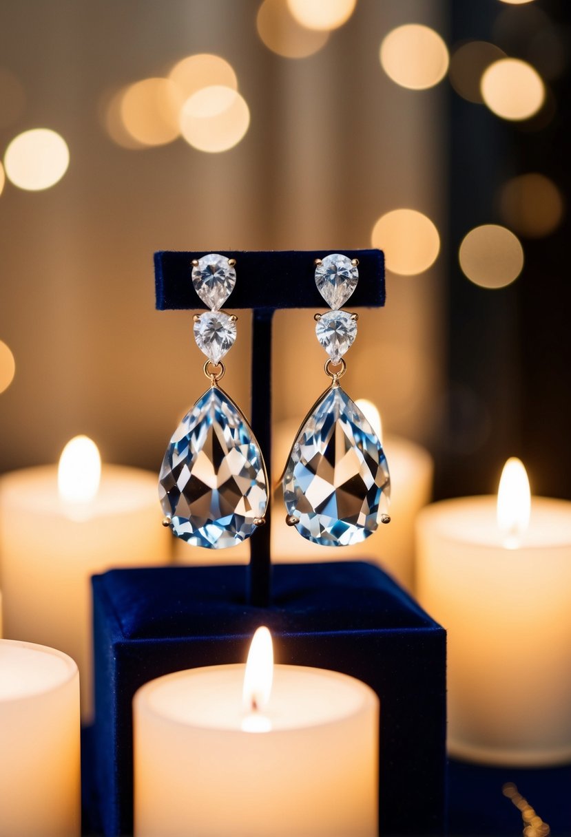 Glistening crystal teardrop earrings on a velvet display surrounded by soft candlelight