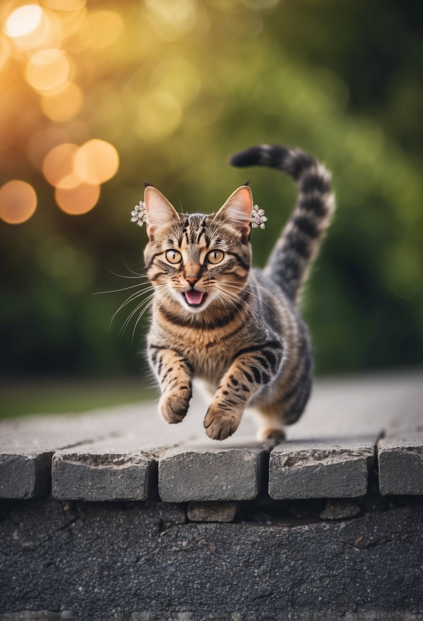 A playful cat with glittery earrings jumps over a gap