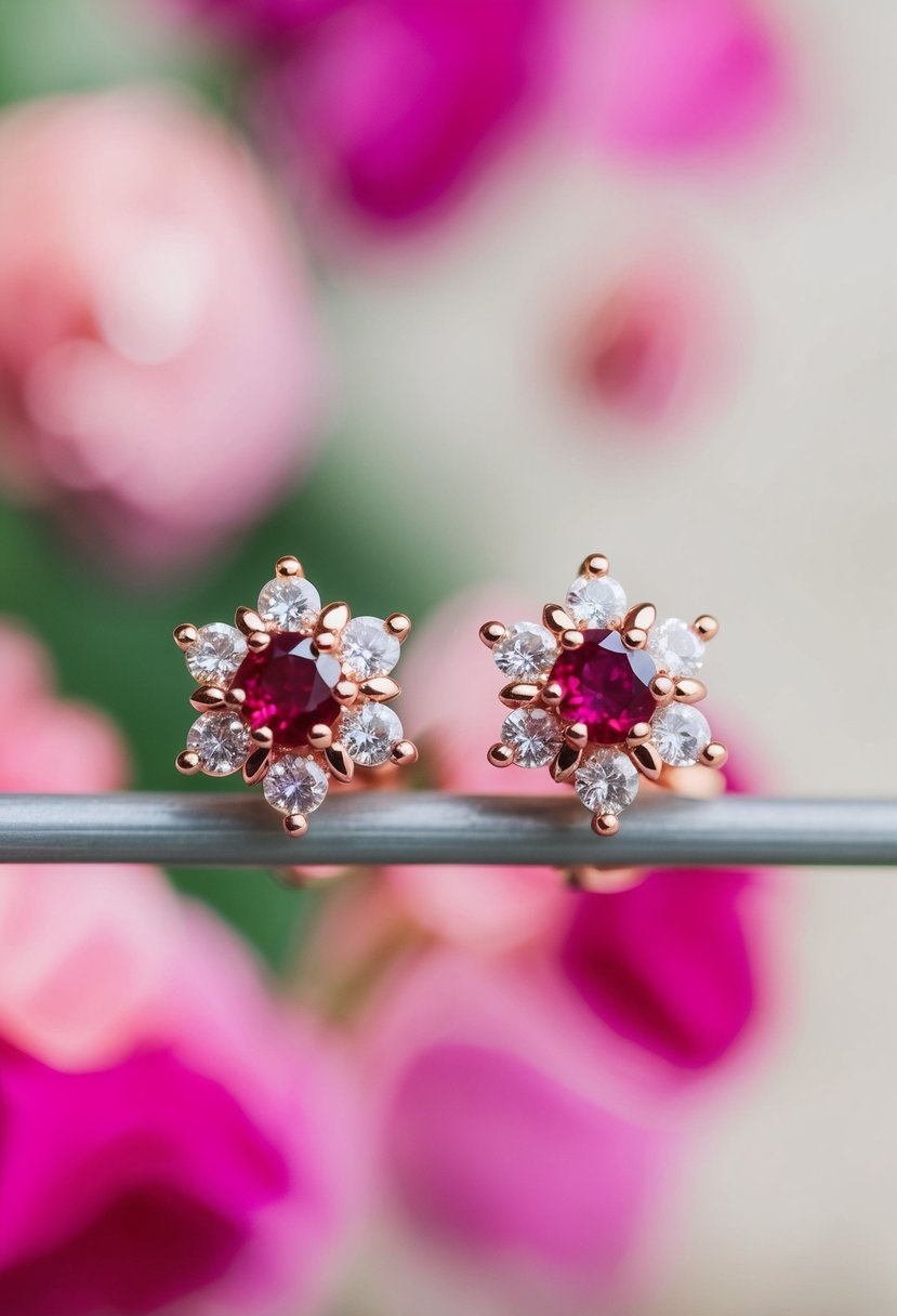 A pair of rose gold floral earrings with ruby gemstones