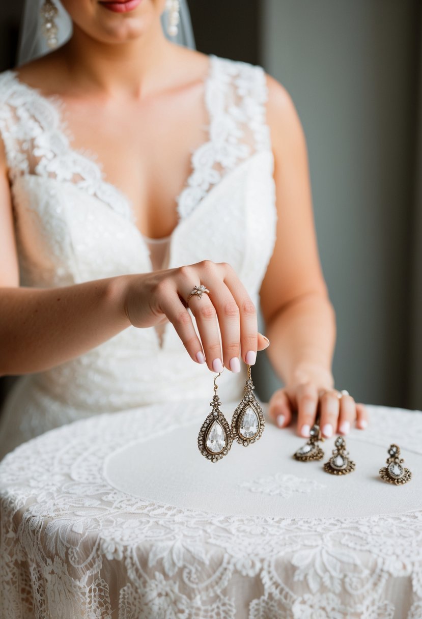 A bride's hand reaches for vintage-inspired drop earrings on a lace-trimmed table