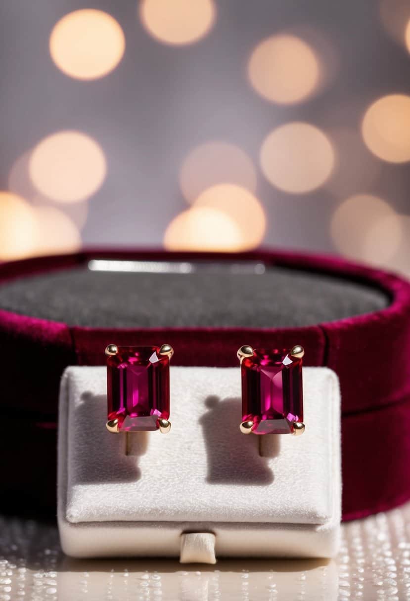 Two emerald-cut ruby earrings displayed on a velvet cushion with soft lighting to highlight their vibrant red color