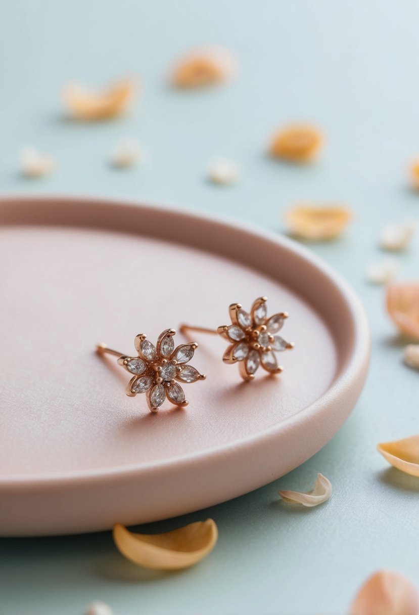 A delicate pair of floral studs resting on a soft, pastel-colored surface, surrounded by tiny scattered flower petals