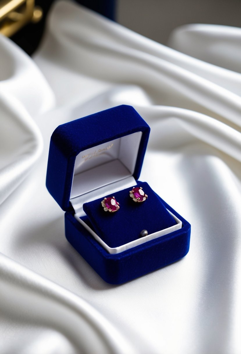 A velvet jewelry box with ruby and sapphire stud earrings on a white satin background