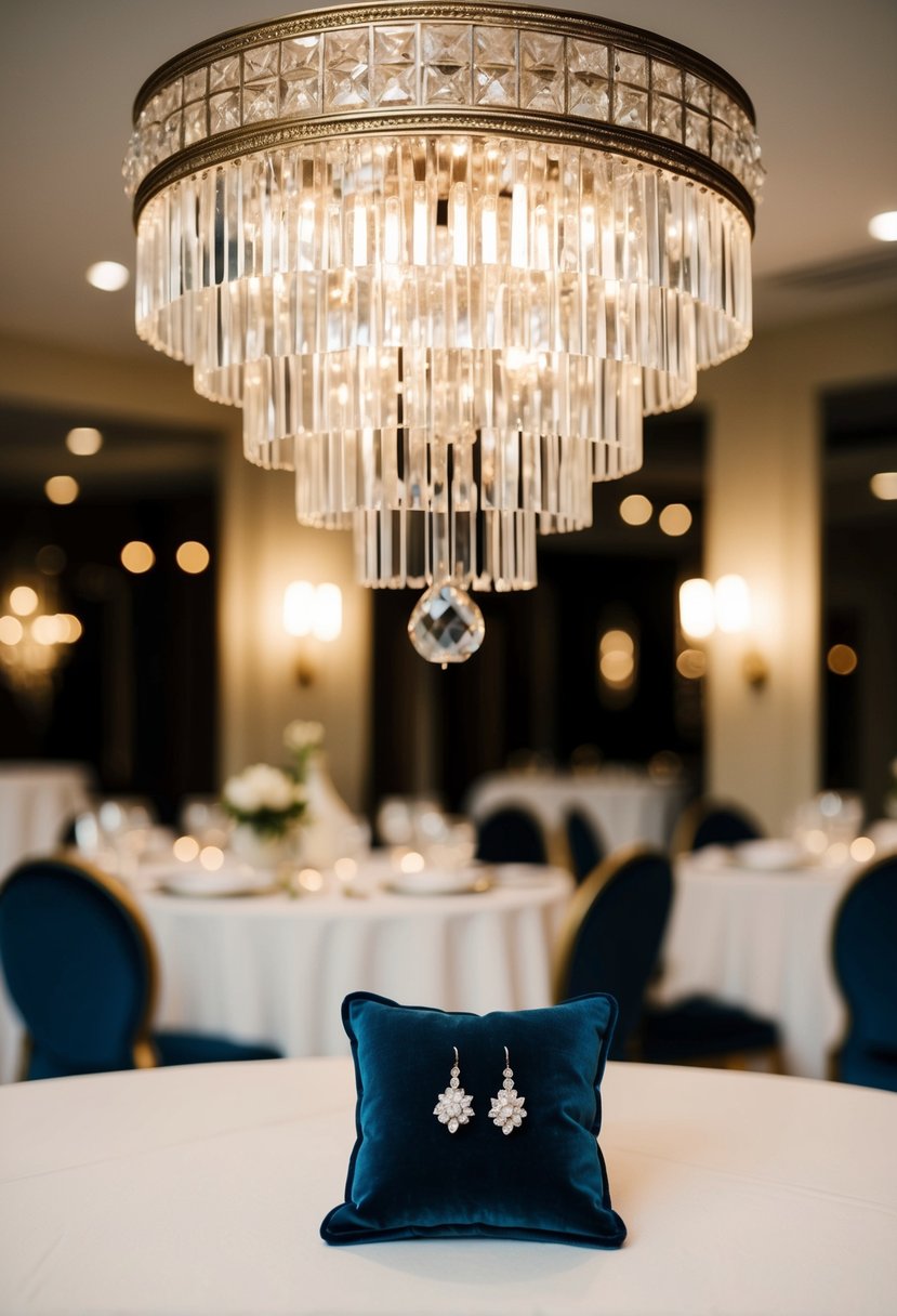 An elegant Art Deco chandelier hangs above a table with simple wedding earrings displayed on a velvet cushion