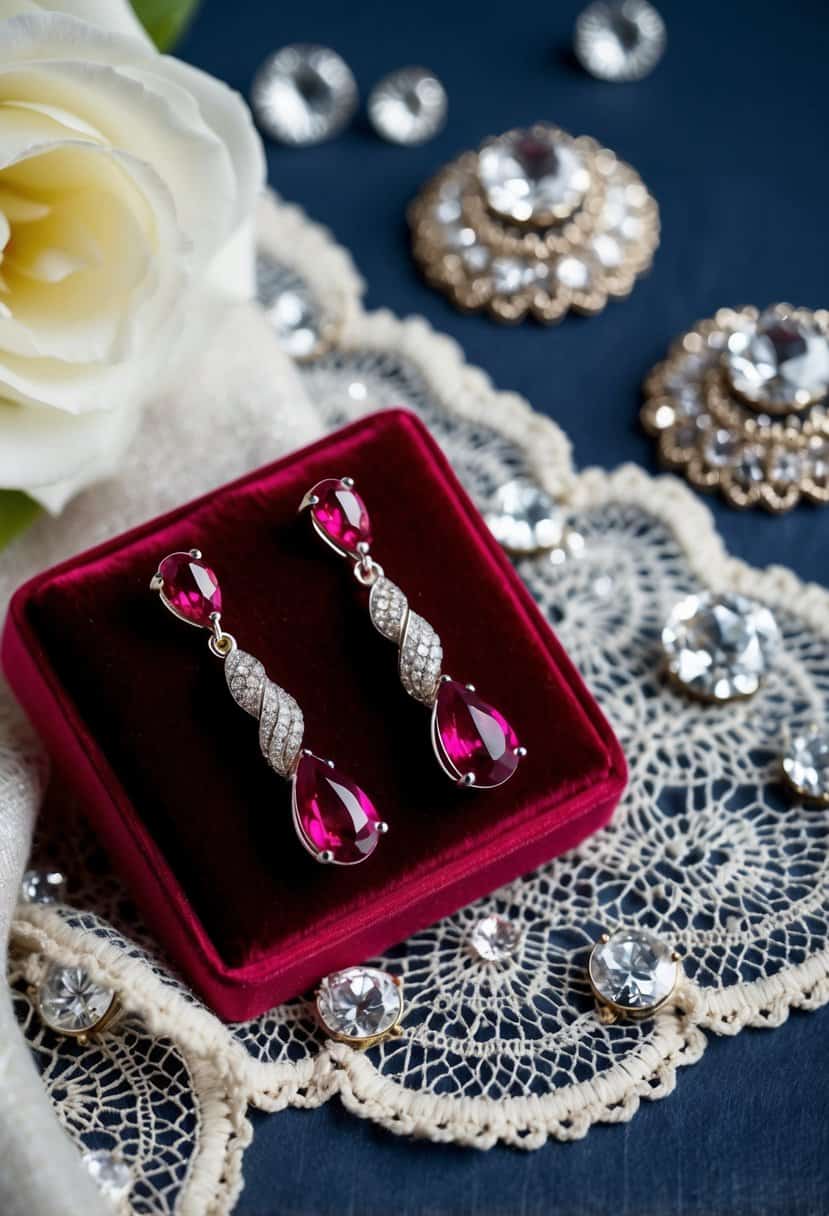 A pair of twisted ruby drop earrings displayed on a velvet cushion, surrounded by sparkling gemstones and delicate lace