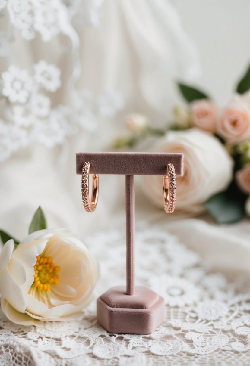 A delicate pair of rose gold huggie earrings displayed on a velvet jewelry stand, with a soft, romantic background of lace and flowers