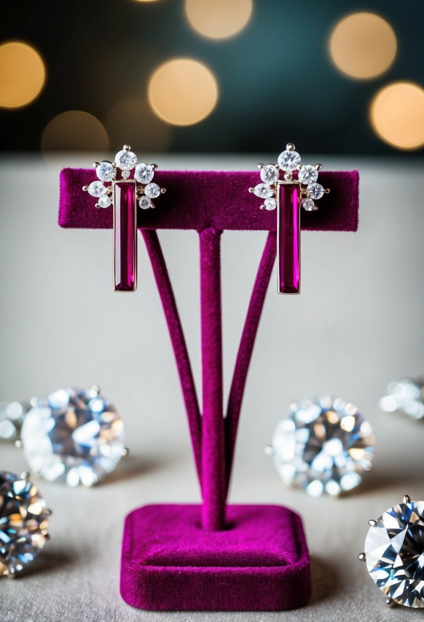 A pair of ruby bar earrings displayed on a velvet jewelry stand, surrounded by sparkling diamond accents