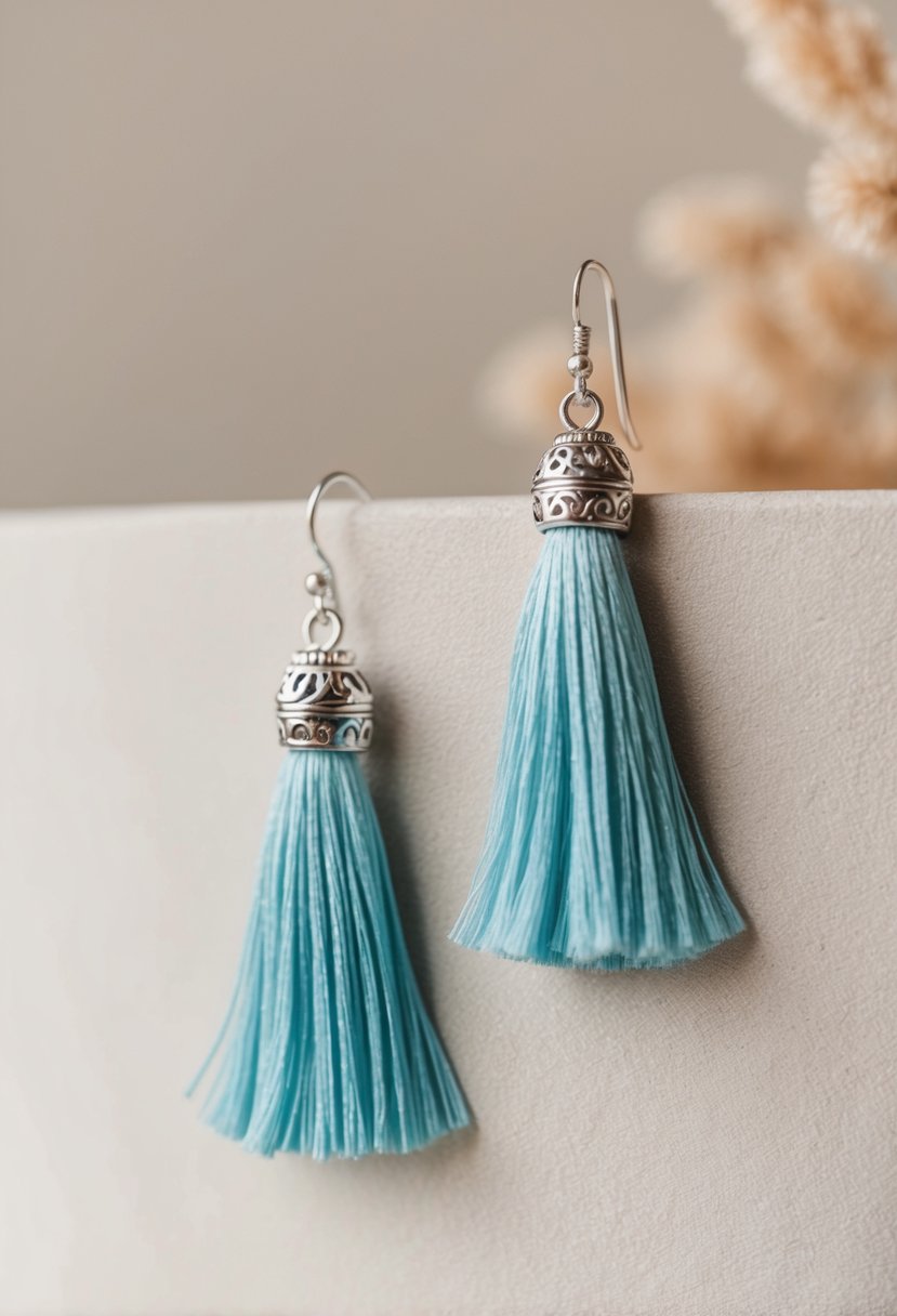 A close-up of bohemian tassel earrings with a simple and elegant design, set against a soft, neutral background