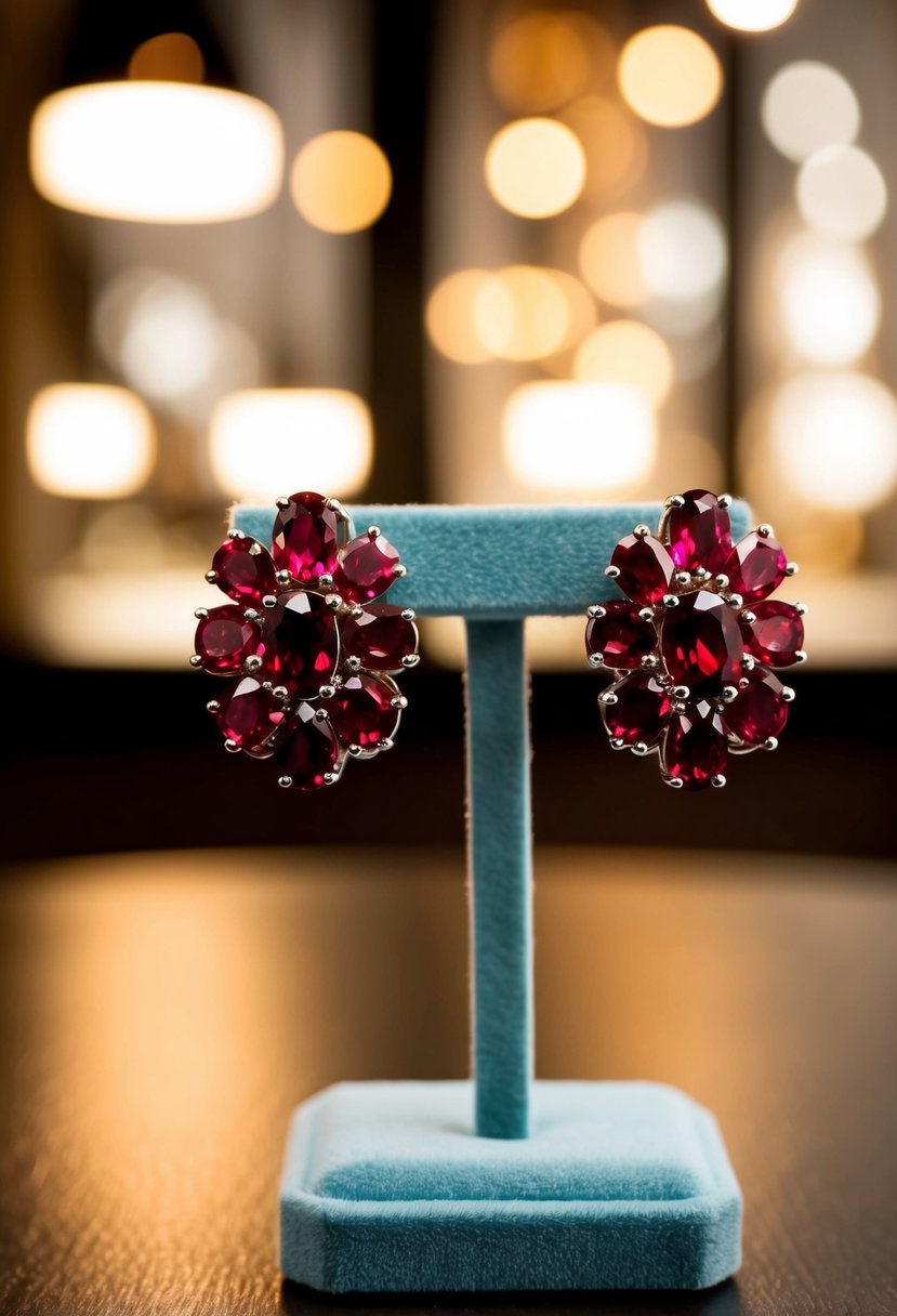 A pair of ruby and garnet cluster earrings displayed on a velvet jewelry stand with soft lighting highlighting their vibrant colors