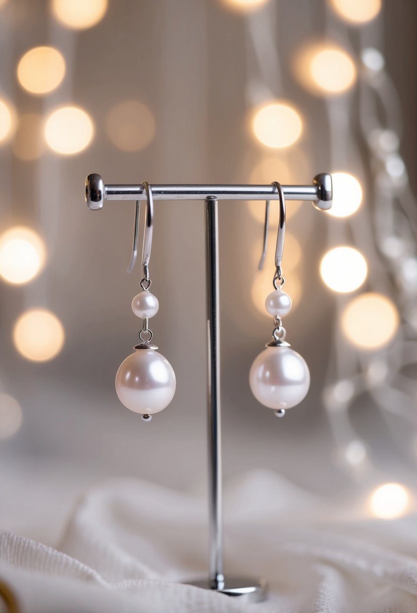 A pair of freshwater pearl dangle earrings hanging from a delicate stand, surrounded by soft, romantic lighting