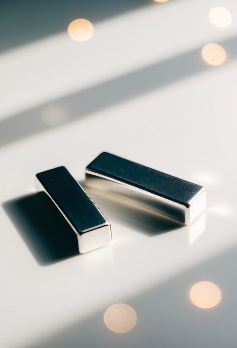 Two simple silver bars arranged on a white background with a soft light shining on them