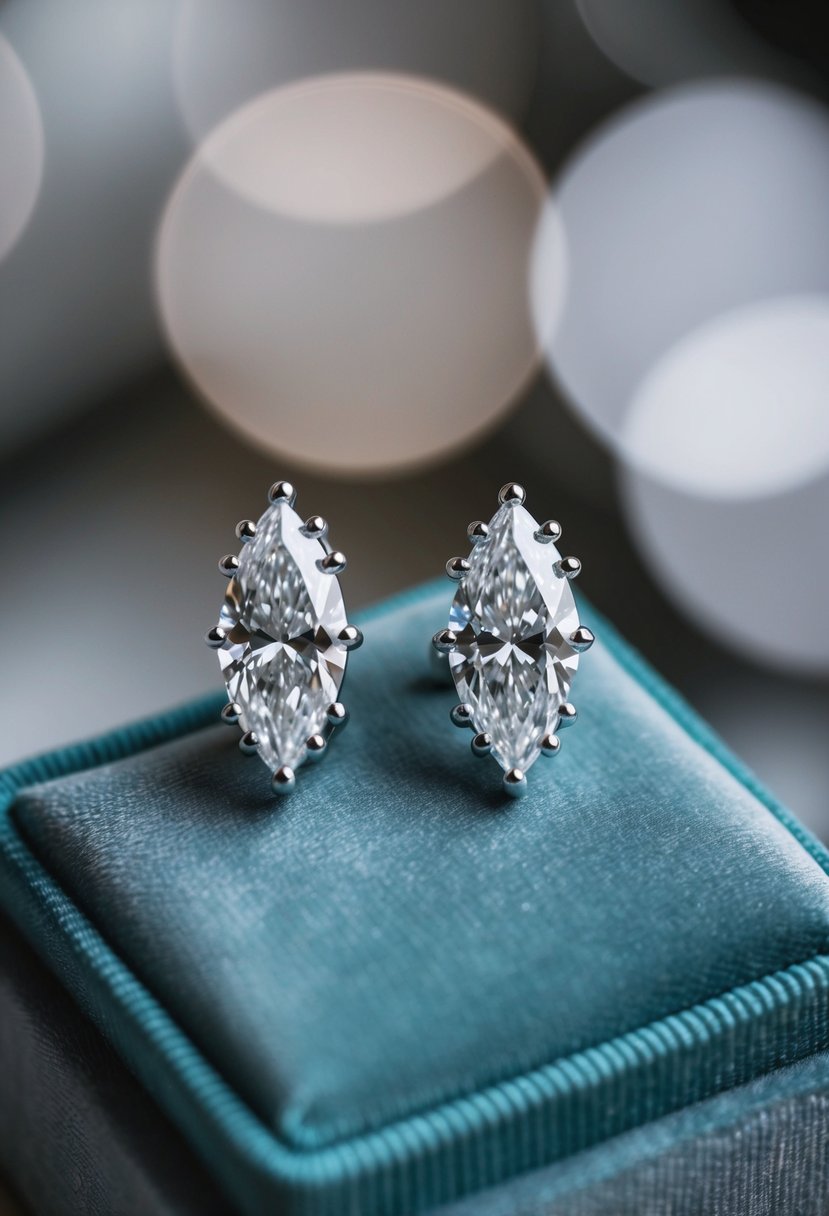 A pair of marquise cut diamond earrings displayed on a velvet cushion with soft lighting, showcasing their elegant simplicity