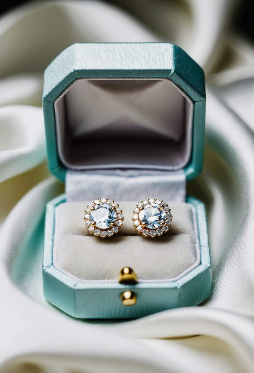 Two sparkling diamond halo studs, nestled in a delicate jewelry box, surrounded by soft, white silk fabric