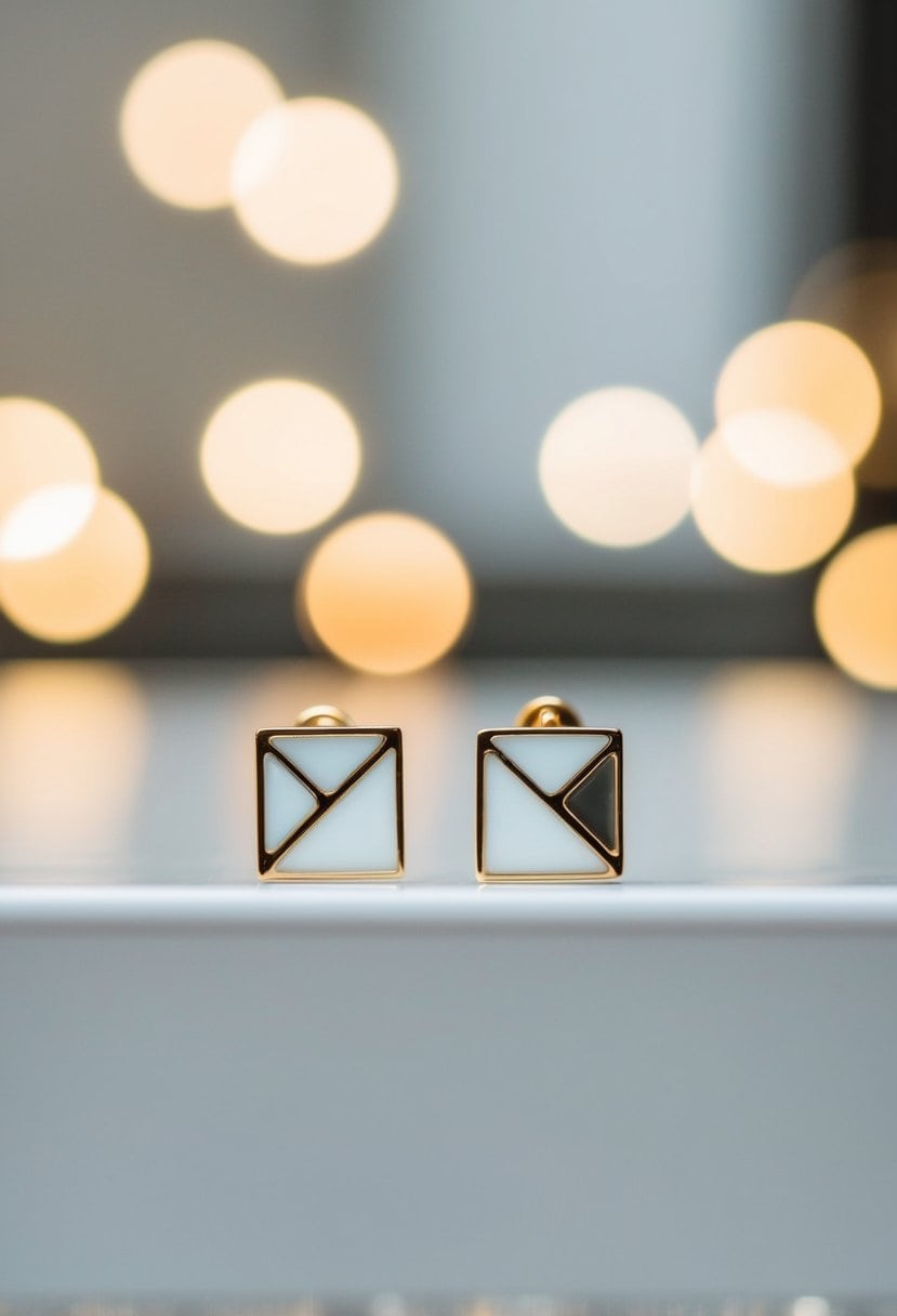 Two simple geometric earrings arranged on a clean, modern surface