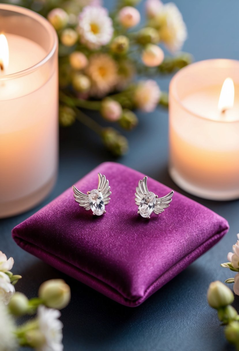 A pair of Swarovski Angelic Stud Earrings displayed on a velvet cushion, surrounded by delicate floral arrangements and soft candlelight