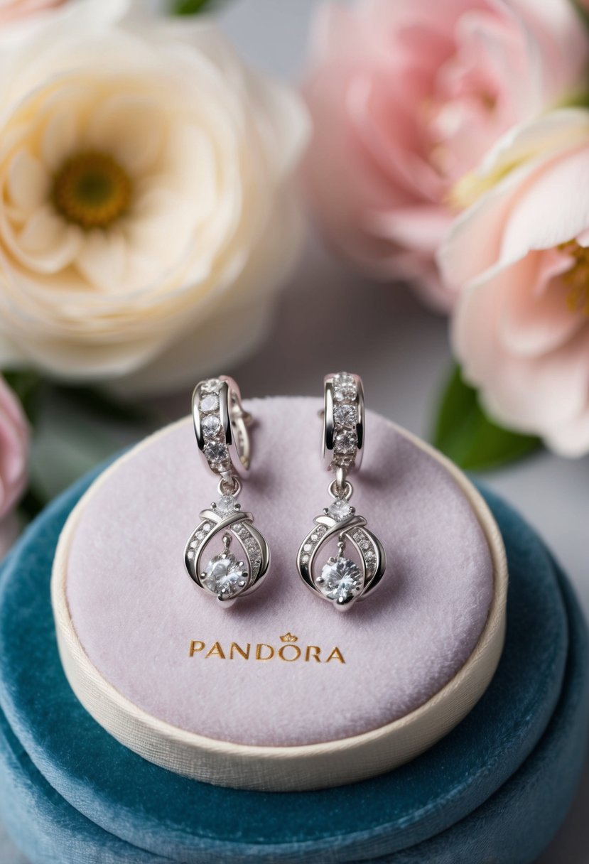 A pair of delicate Pandora Timeless Elegance Drops earrings displayed on a velvet cushion, surrounded by soft floral accents and romantic lighting