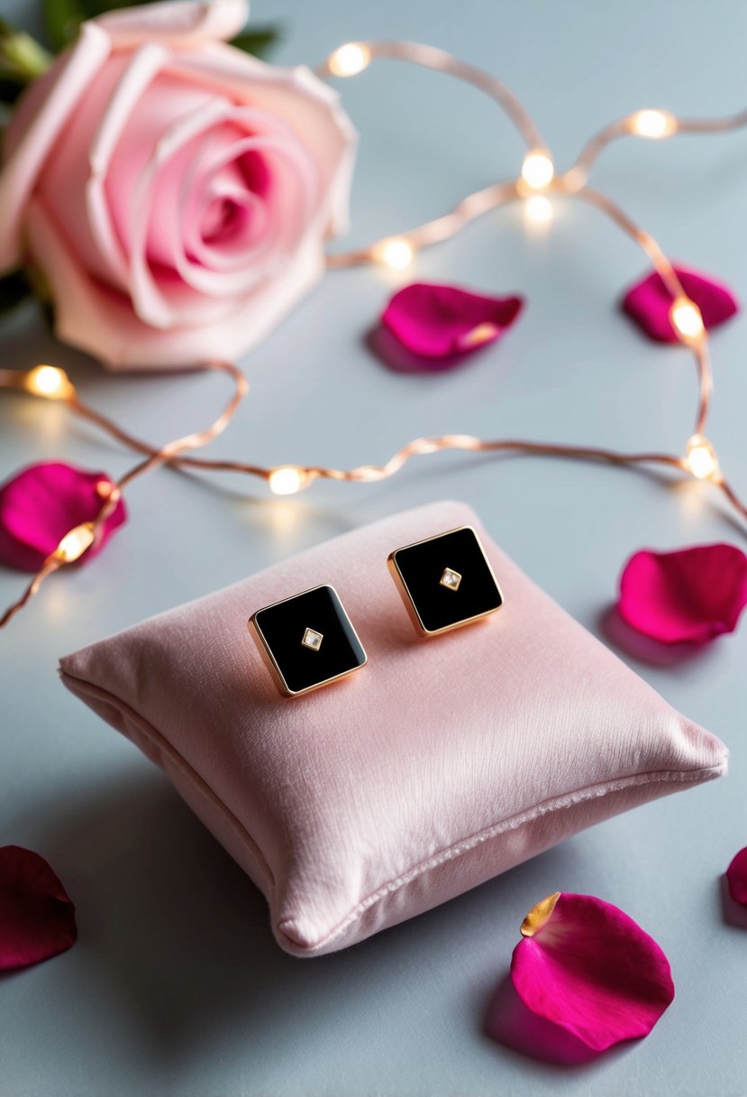 A delicate pair of Kate Spade Mini Small Square Studs displayed on a soft, pastel-colored velvet cushion, surrounded by scattered rose petals and twinkling fairy lights