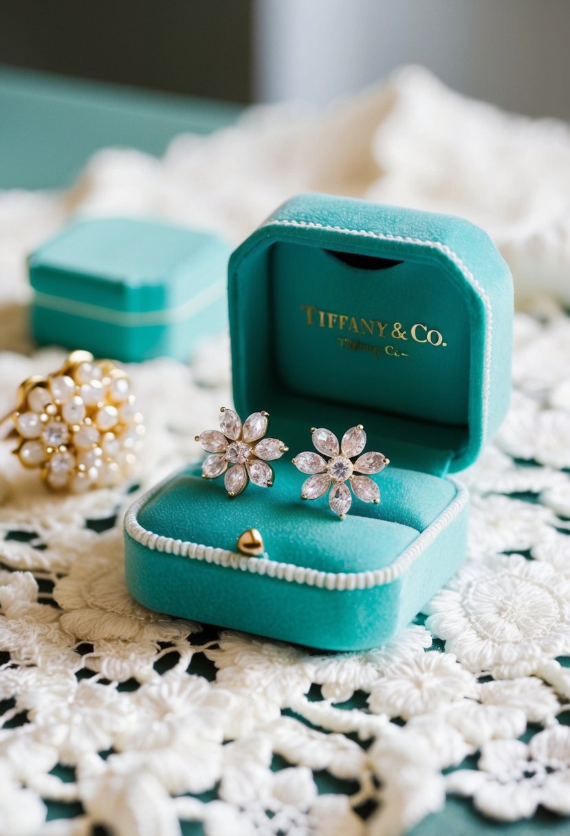 A sparkling pair of Bezet Bloom earrings from Tiffany & Co. rest delicately on a lace-trimmed velvet jewelry box