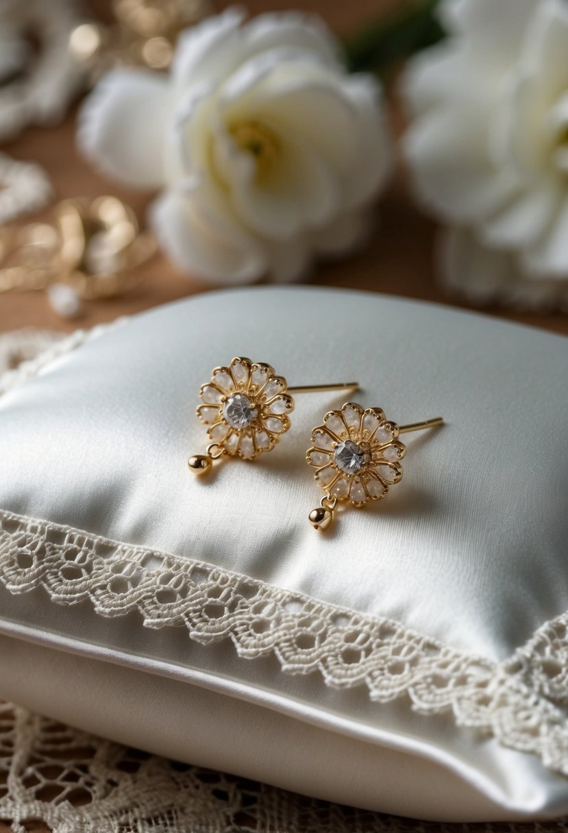 Delicate gold drop earrings on a lace-trimmed ivory satin pillow