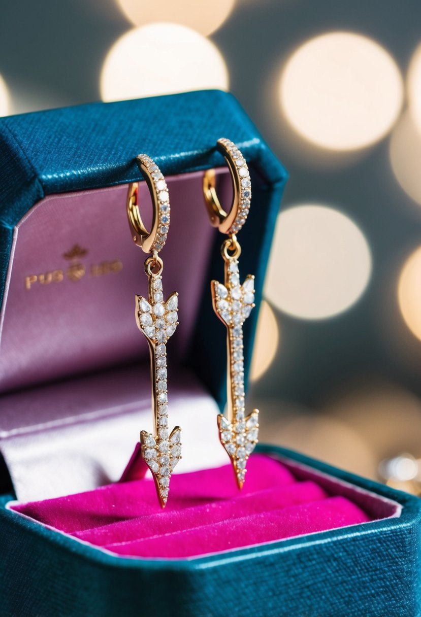 A pair of delicate arrow-shaped earrings, adorned with sparkling diamonds, dangle from a velvet-lined jewelry box, casting shimmering reflections in the soft light