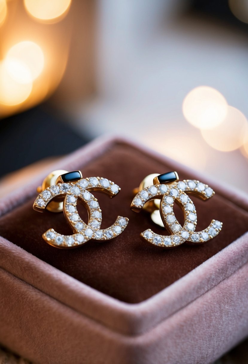 A close-up of Chanel Camélia earrings on a velvet cushion, surrounded by soft, warm lighting, showcasing their intricate design and luxurious sparkle