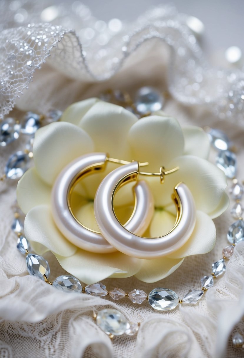 A delicate pair of pearl hoops resting on a bed of soft, white silk petals, surrounded by shimmering crystals and lace