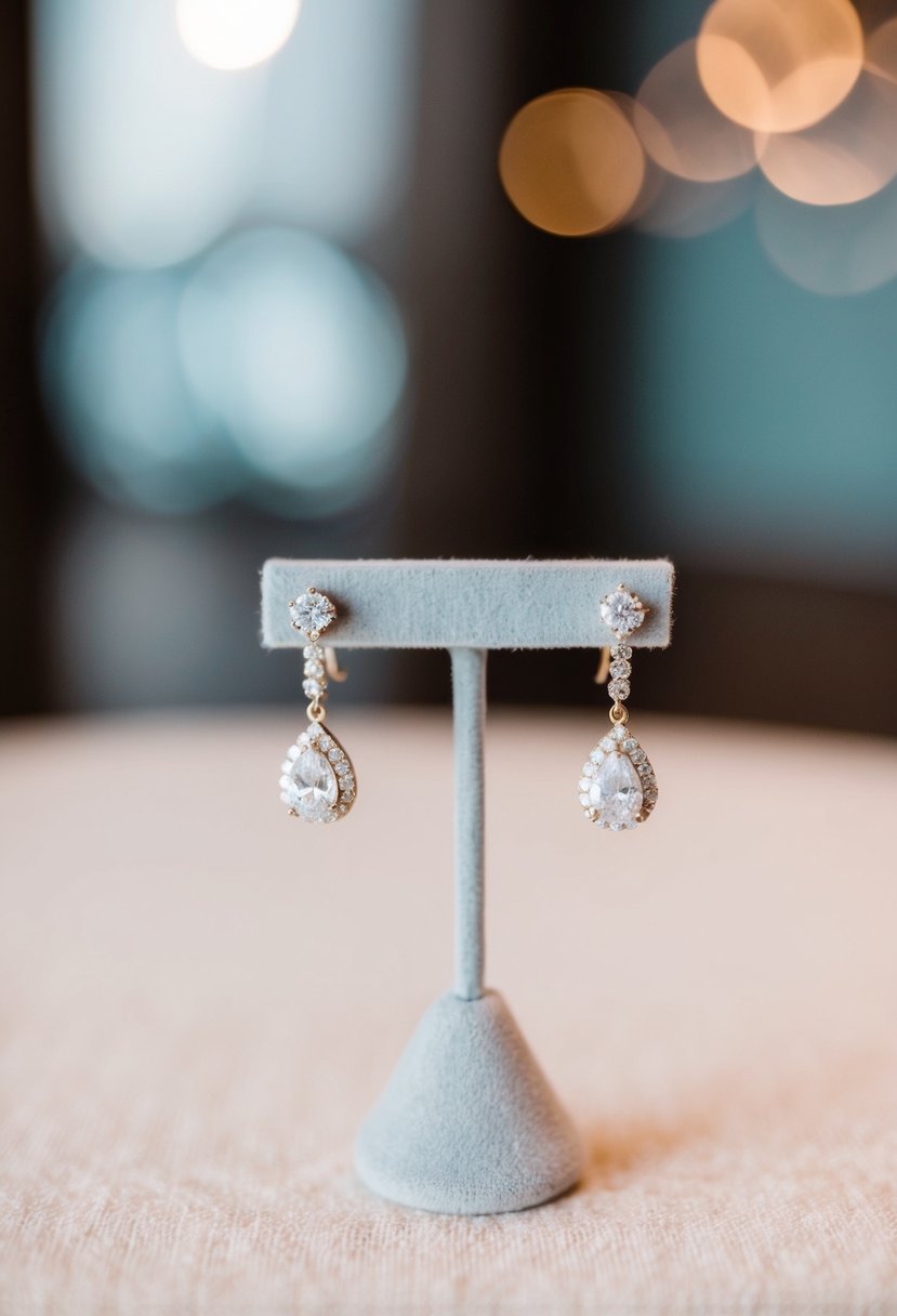 A close-up of delicate, shimmering wedding earrings displayed on a velvet jewelry stand