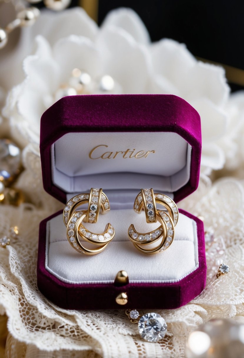 A luxurious pair of Cartier Love Earrings displayed on a velvet cushion, surrounded by delicate lace and sparkling gemstones