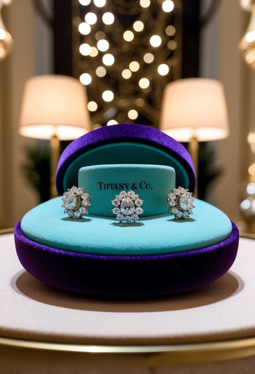 A luxurious display of Tiffany & Co. Victoria Earrings on a velvet cushion, surrounded by soft lighting and elegant decor