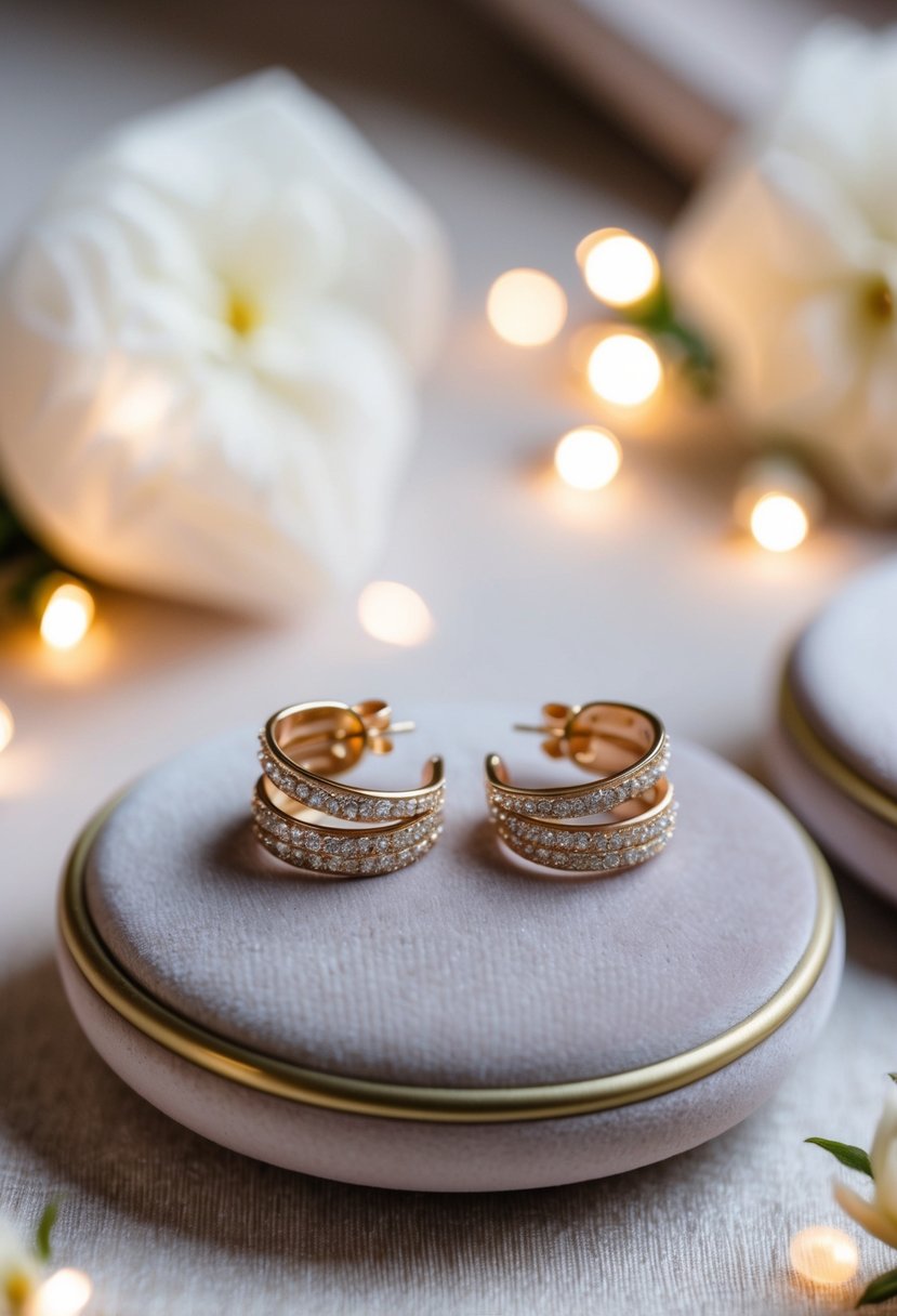 A delicate pair of statement earrings resting on a velvet cushion, surrounded by soft, romantic lighting