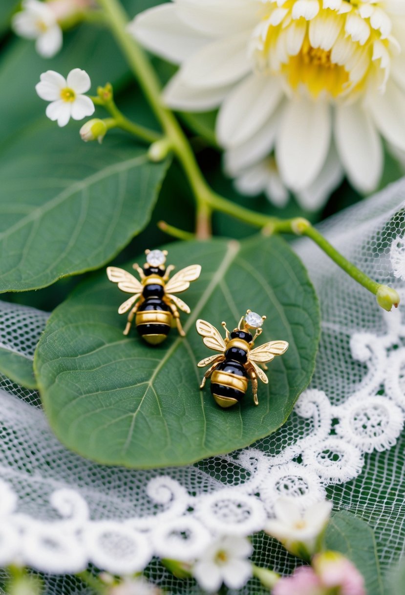 A pair of delicate bee-shaped earrings, surrounded by small flowers and leaves, resting on a lace-trimmed bridal veil