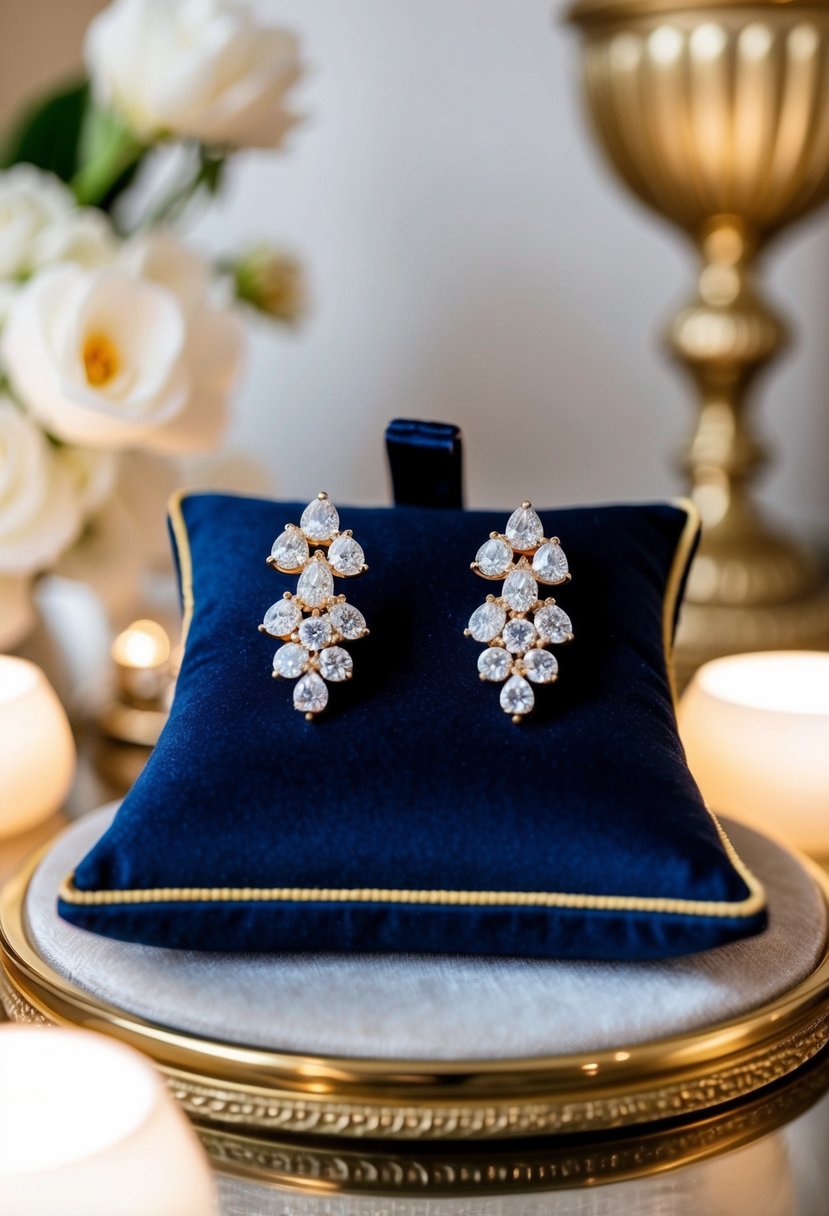 A luxurious display of Harry Winston Cluster Earrings on a velvet cushion, surrounded by soft lighting and elegant decor