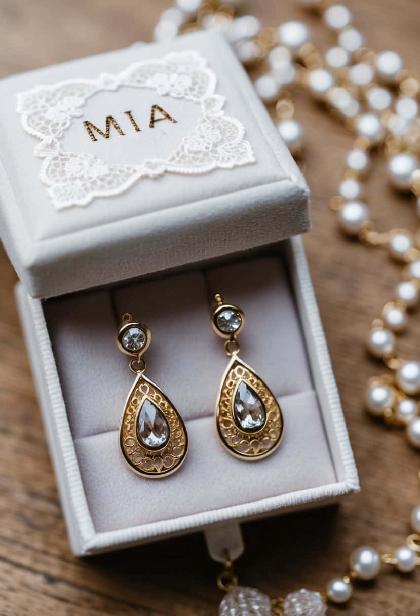 Delicate Mia Drops earrings displayed on a lace-trimmed velvet jewelry box