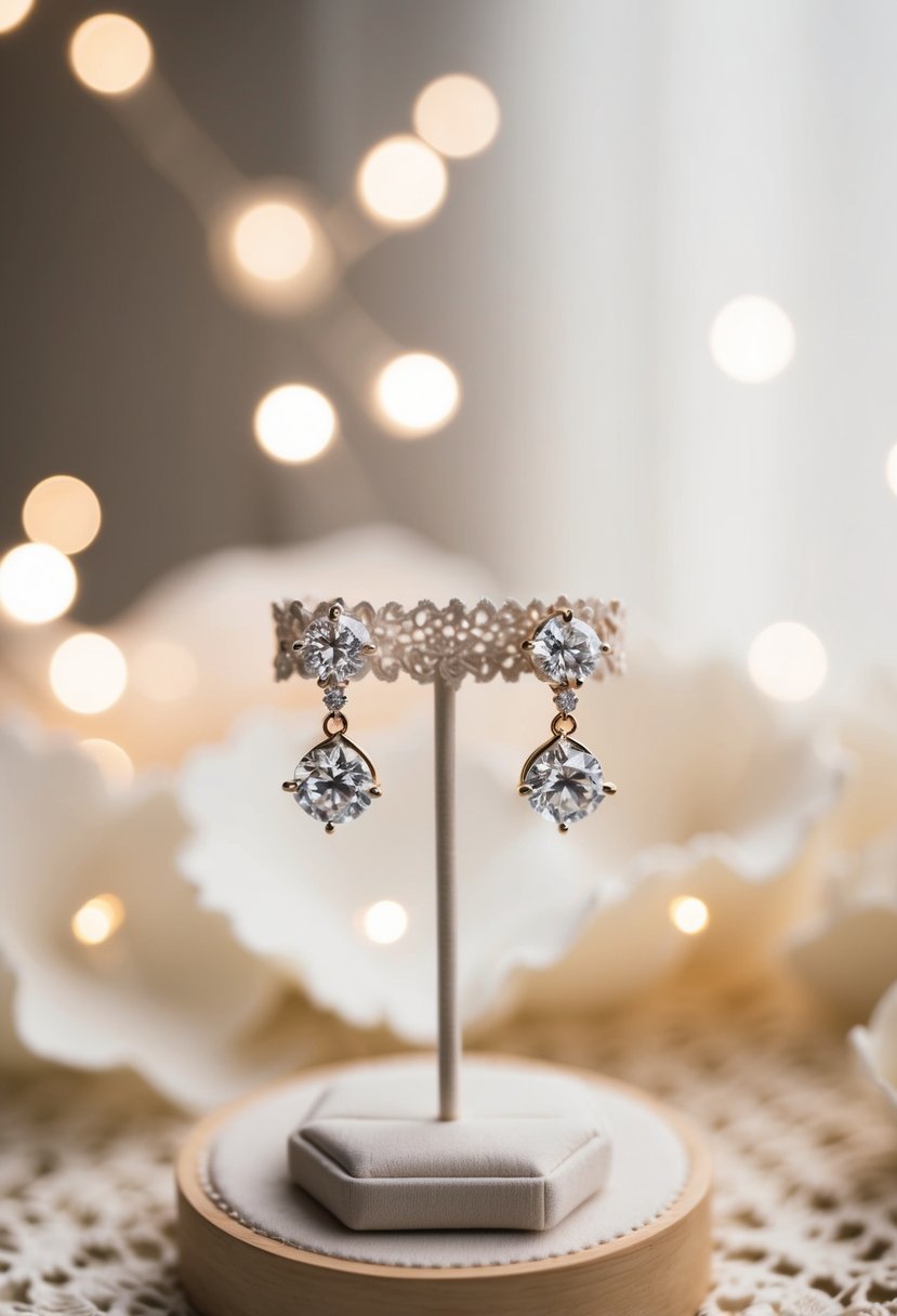 A delicate pair of Nadri Cubic Zirconia Earrings displayed on a lace-lined jewelry stand, surrounded by soft, romantic lighting