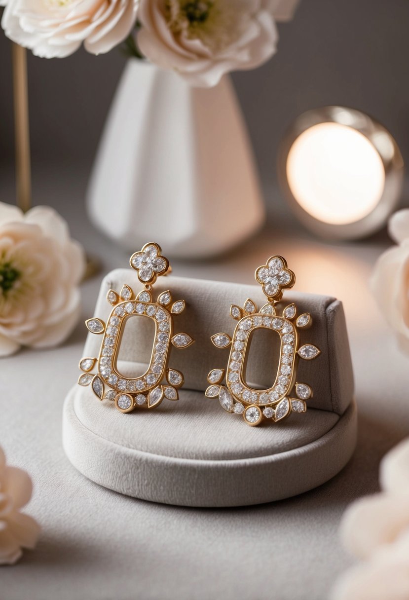 A luxurious pair of Van Cleef & Arpels Alhambra earrings displayed on a velvet cushion, surrounded by soft lighting and delicate floral accents