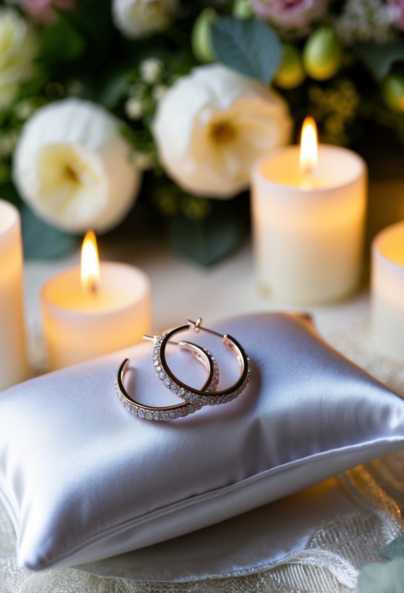 Delicate diamond hoops dangle from a satin pillow, surrounded by soft candlelight and lush floral arrangements