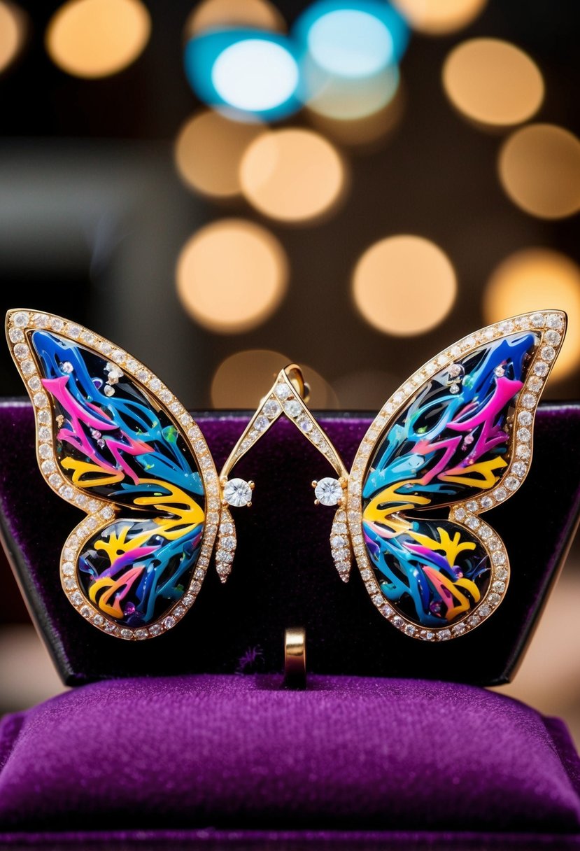 A pair of intricate butterfly-shaped earrings, adorned with colorful graffiti-style designs, sparkling with precious gemstones, displayed on a luxurious velvet cushion