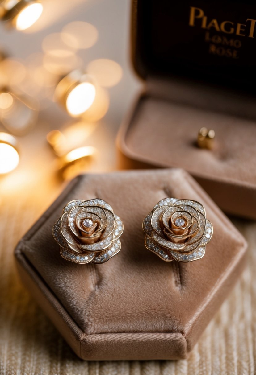 A luxurious pair of Piaget rose earrings displayed on a velvet cushion under soft, warm lighting