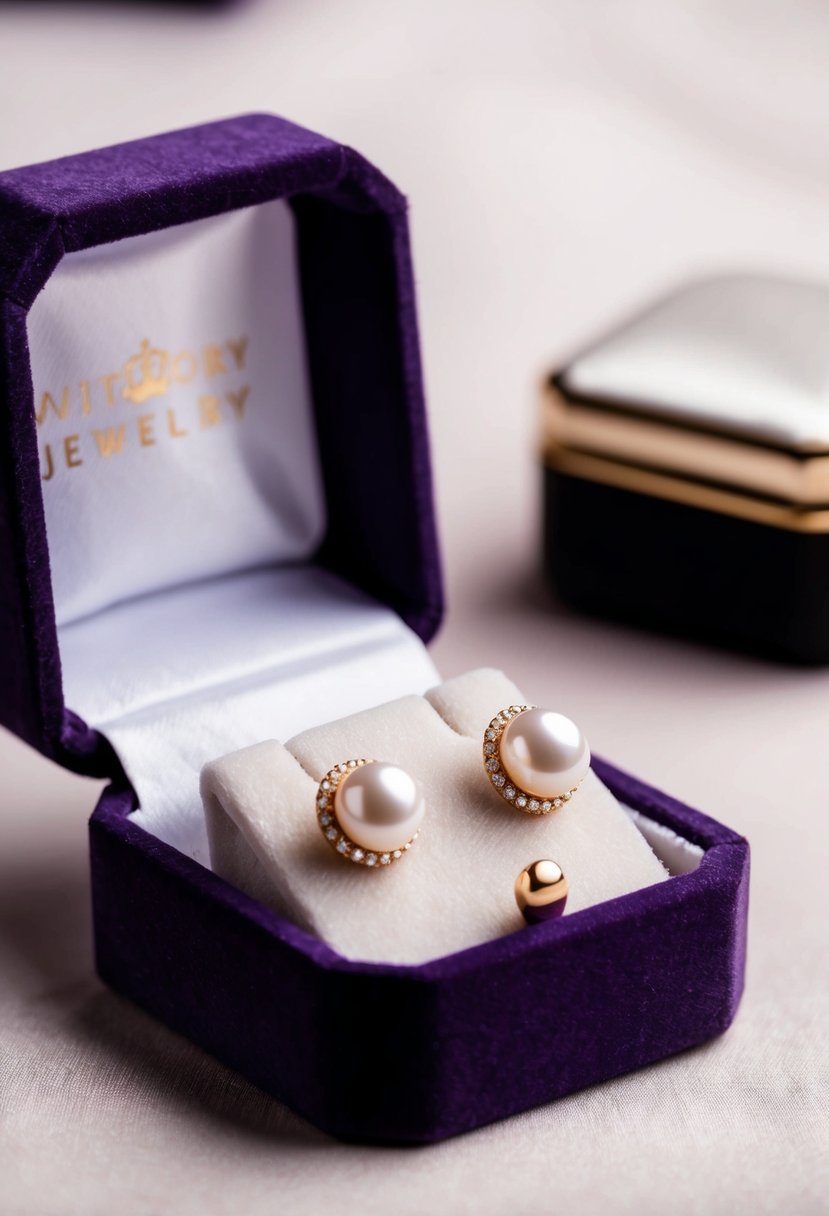 A delicate pair of pearl stud earrings displayed on a velvet jewelry box